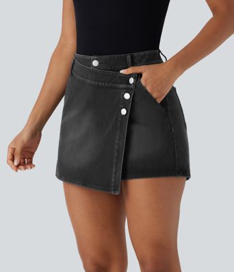 Halara Flex™ High Waisted Pockets Wrapped Washed Denim Casual Skort Halara Flex™ High Waisted Pockets Wrapped Washed Denim Casual Skort