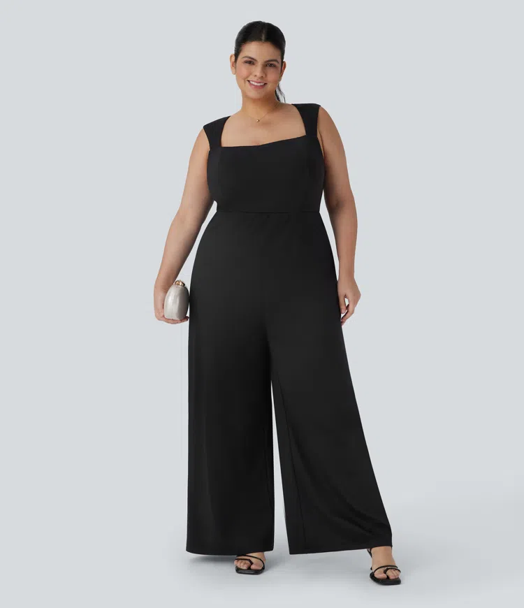 Plus Size Square Neck Sleeveless Jumpsuit
