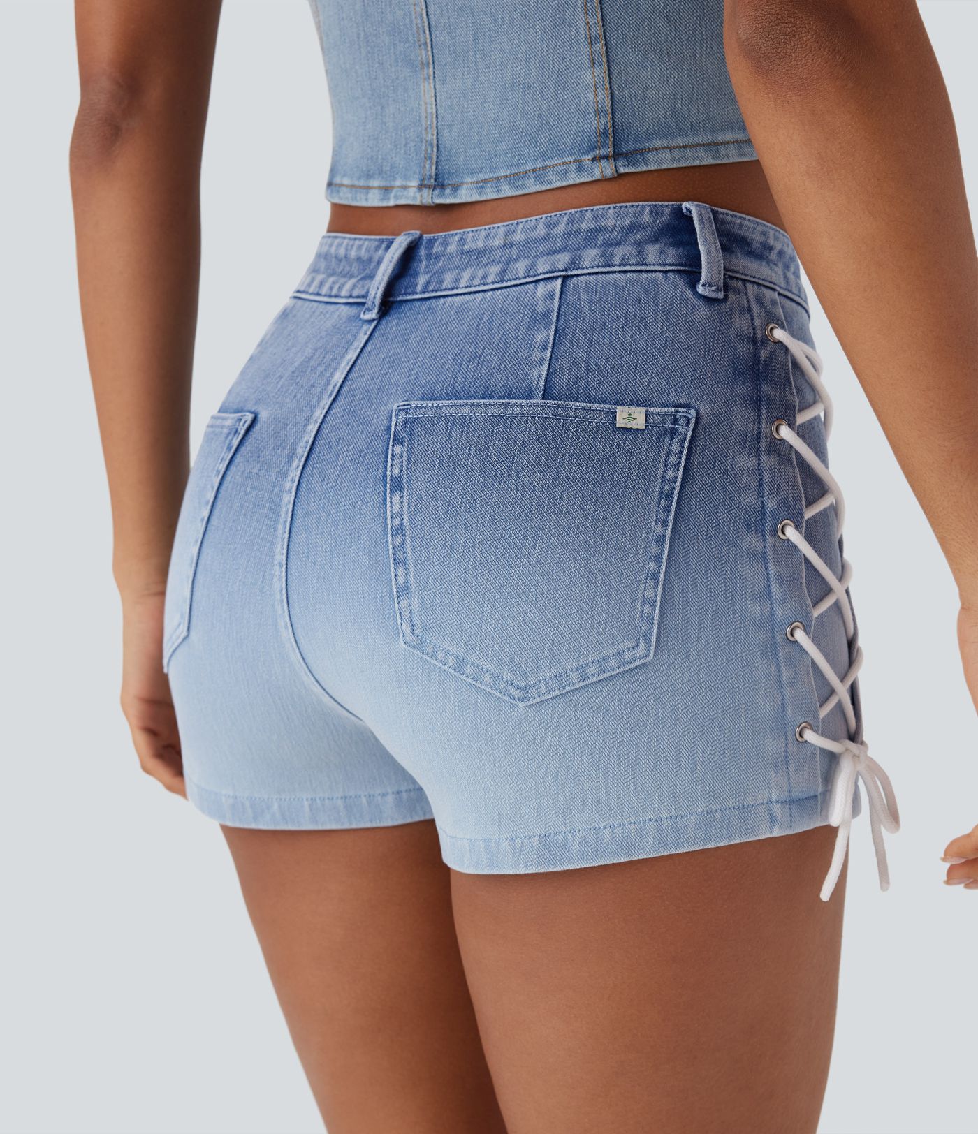 Short en jean décontracté de Halara Flex™ mi-taille à lacets dégradé 2'' avec poches