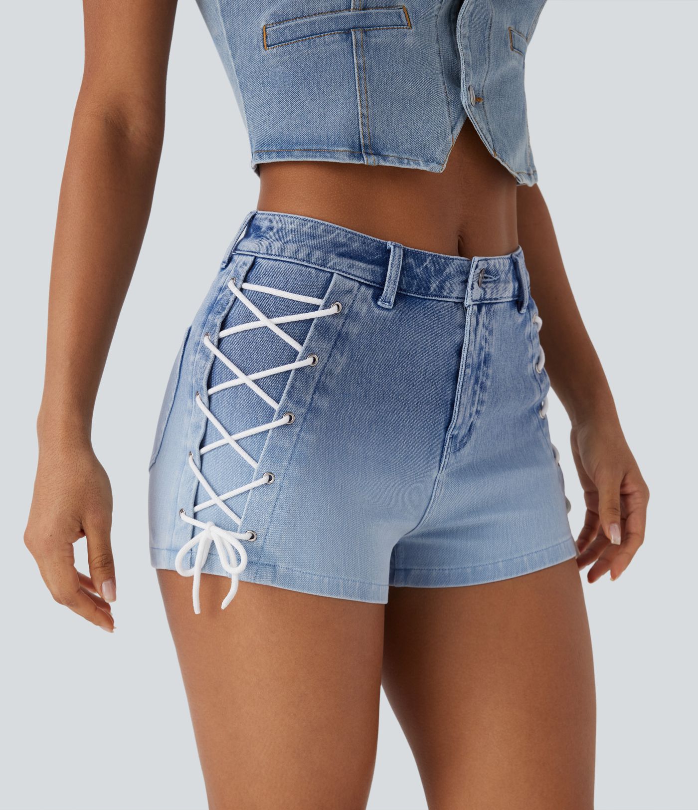 Short en jean décontracté de Halara Flex™ mi-taille à lacets dégradé 2'' avec poches