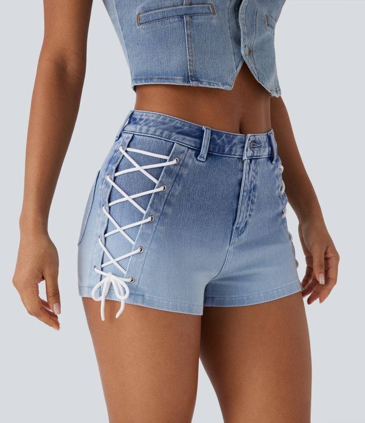 Halara Flex™ Mid Rise Lace Up Gradient Denim Casual Shorts 2'' with Pockets
