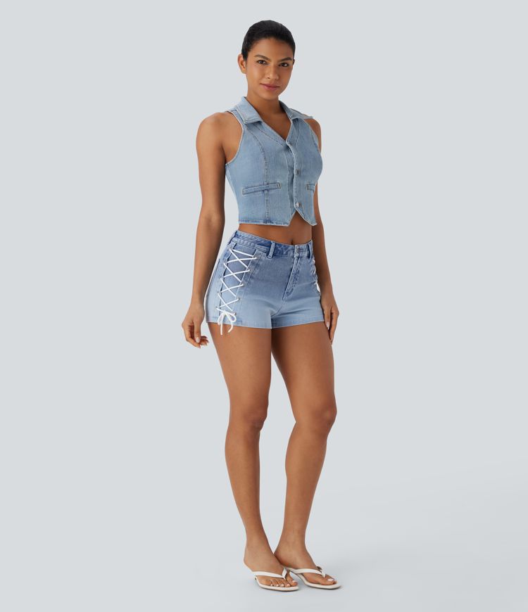 Halara Flex™ Mid Rise Lace Up Gradient Denim Casual Shorts 2'' with Pockets