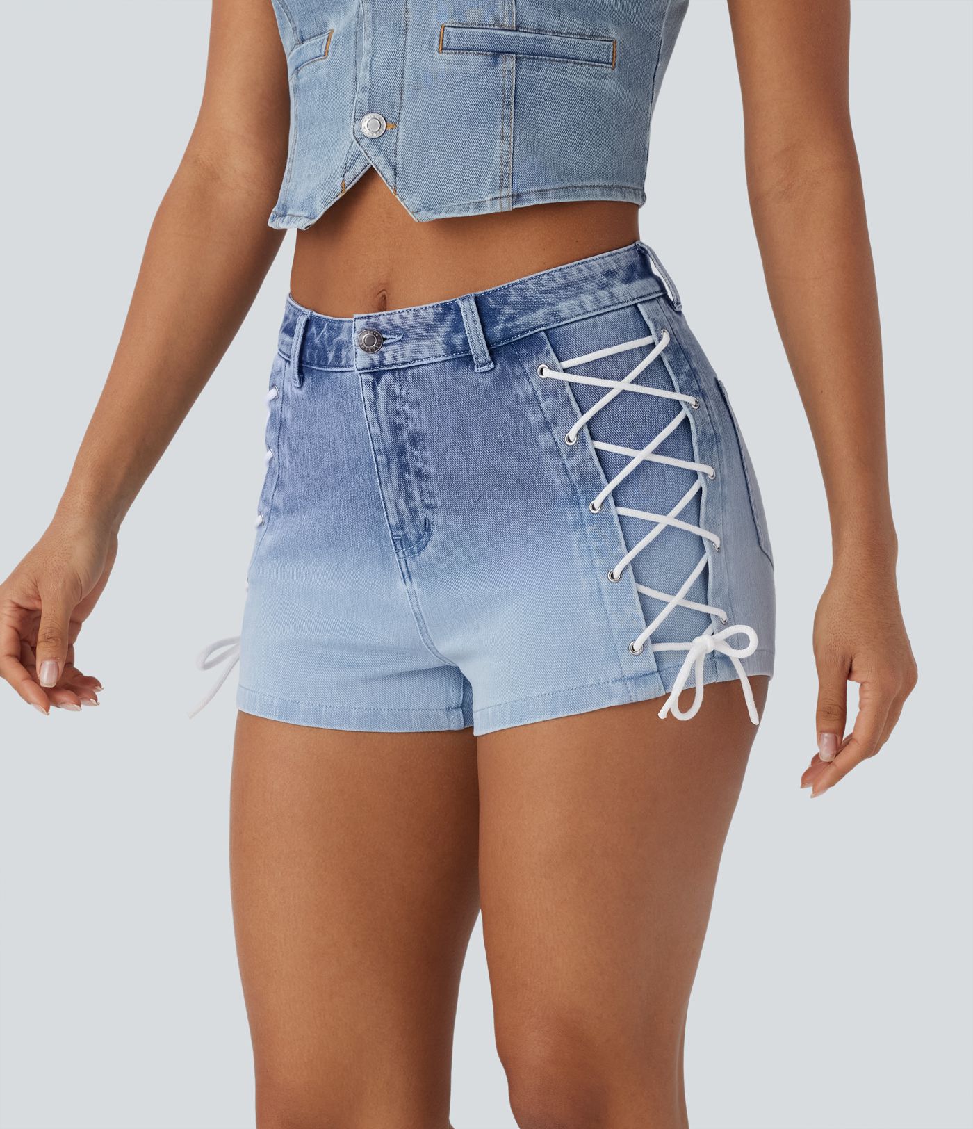 Short en jean décontracté de Halara Flex™ mi-taille à lacets dégradé 2'' avec poches