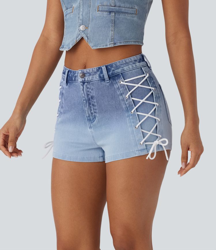 Halara Flex™ Mid Rise Lace Up Gradient Denim Casual Shorts 2'' with Pockets