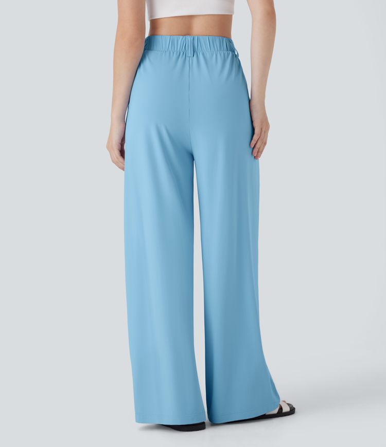 High Waisted Side Pocket Wide Leg  Casual Trousers-UPF50+