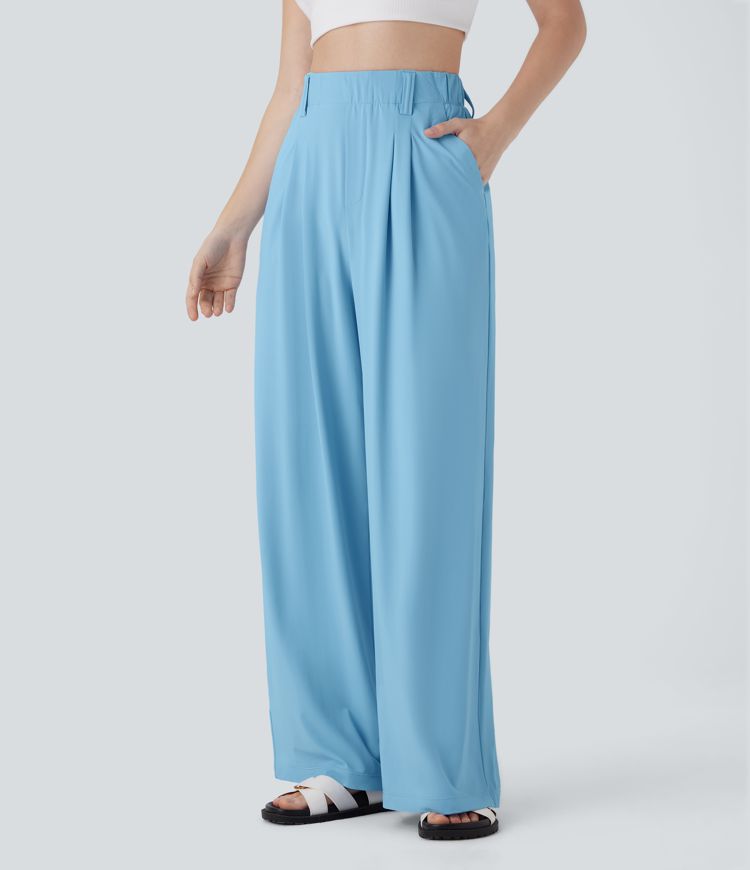 High Waisted Side Pocket Wide Leg  Casual Trousers-UPF50+