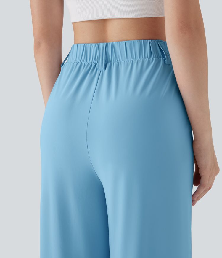 High Waisted Side Pocket Wide Leg  Casual Trousers-UPF50+