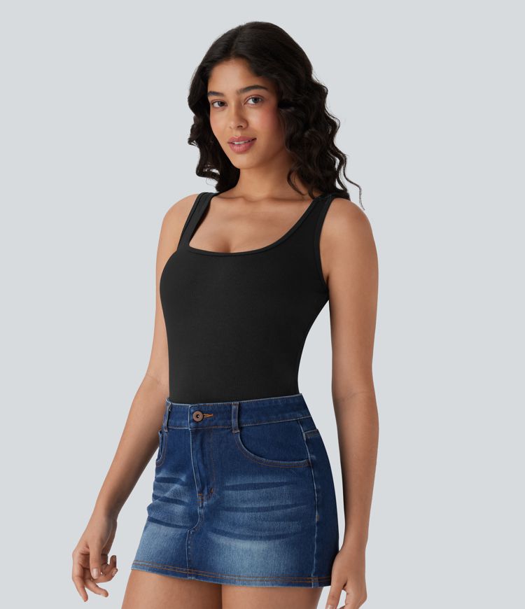Ribbed U Neck Adjustable Leg Straps Casual Bodysuit-Easy Peezy