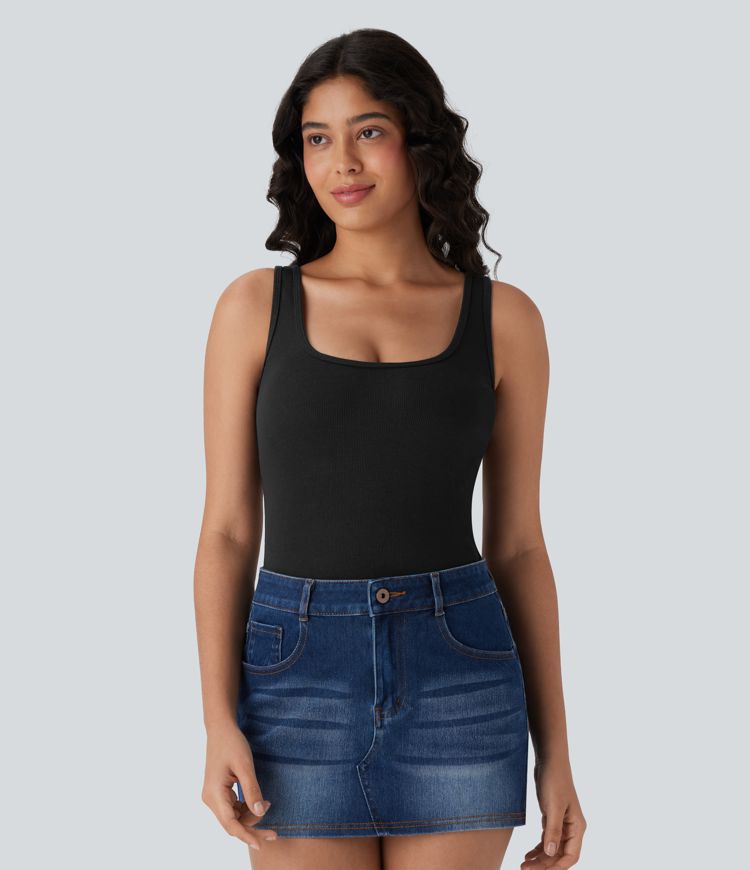 Ribbed U Neck Adjustable Leg Straps Casual Bodysuit-Easy Peezy