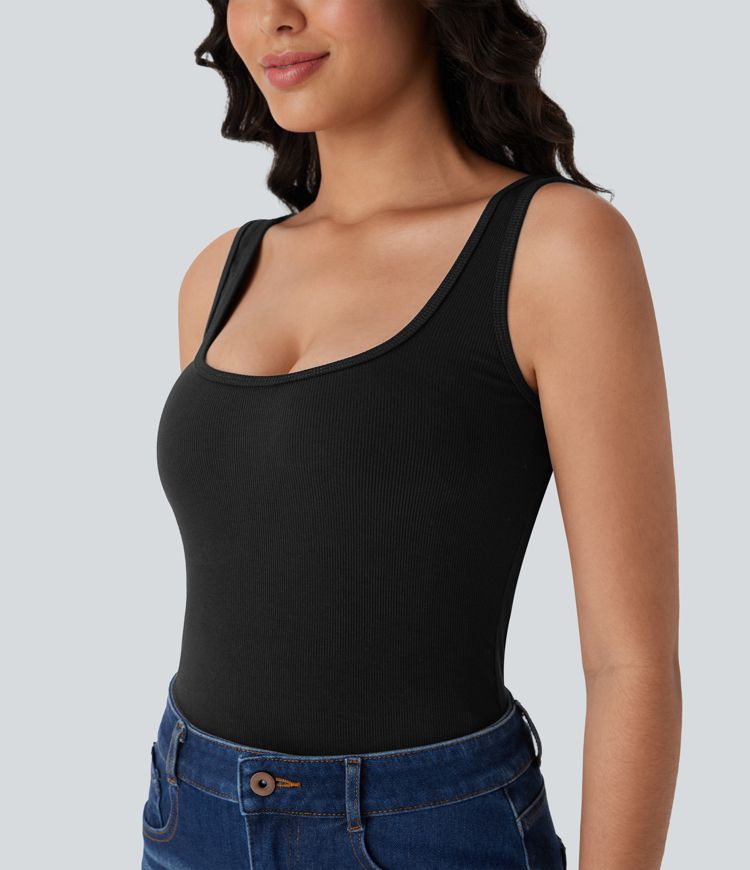 Ribbed U Neck Adjustable Leg Straps Casual Bodysuit-Easy Peezy