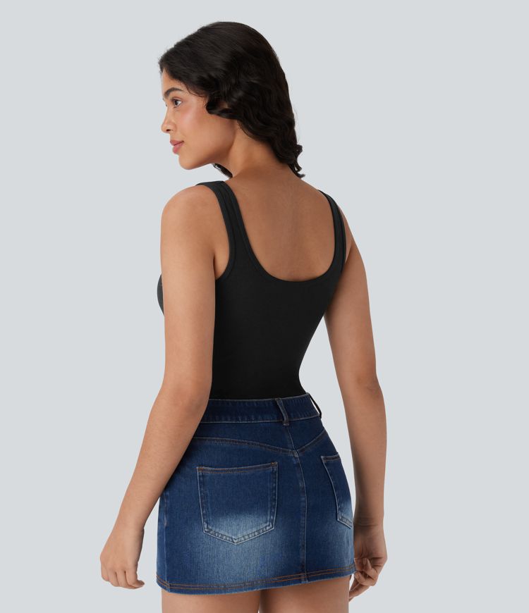 Ribbed U Neck Adjustable Leg Straps Casual Bodysuit-Easy Peezy