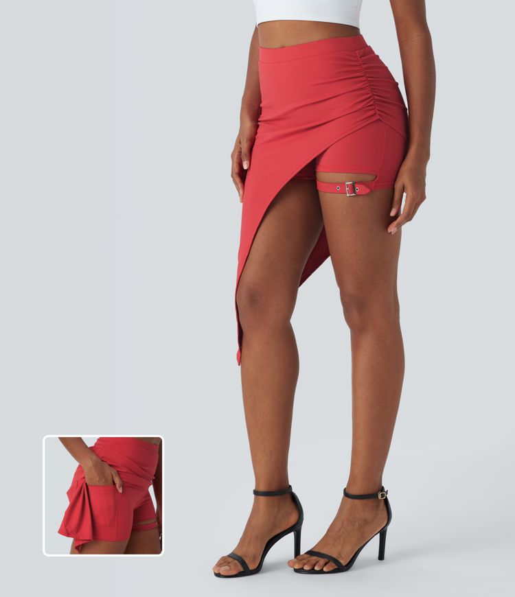 High Waisted Ruched Adjustable Buckle 2-in-1 Side Pocket High Low Dance Skirt