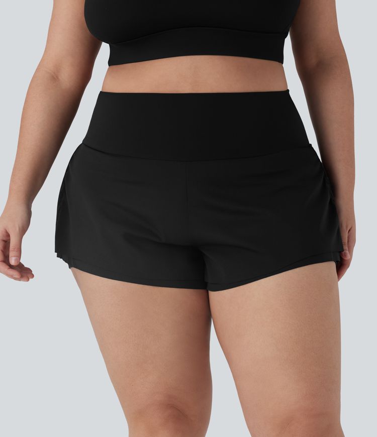 Softlyzero™ Airy High Waisted Ruched Curved Hem 2-in-1 Cool Touch Yoga Plus Size Shorts with Pockets