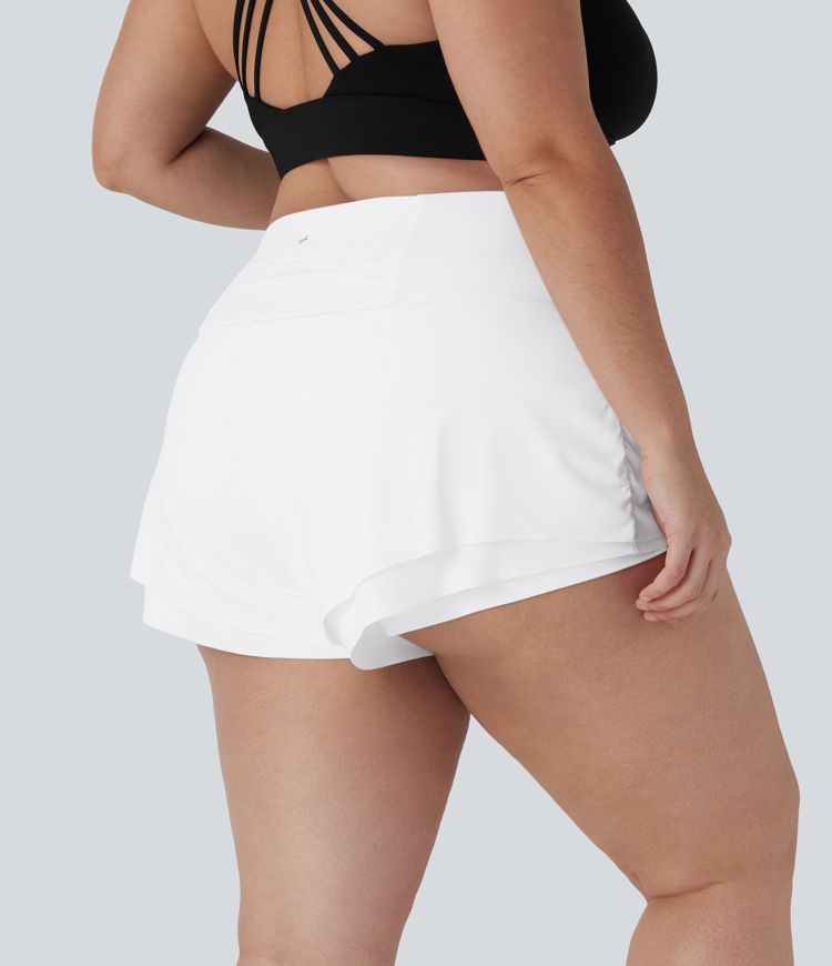 Shorts de yoga Softlyzero™ Airy de tiro alto con fruncido, dobladillo curvo de tacto fresco con bolsillos en tallas grandes