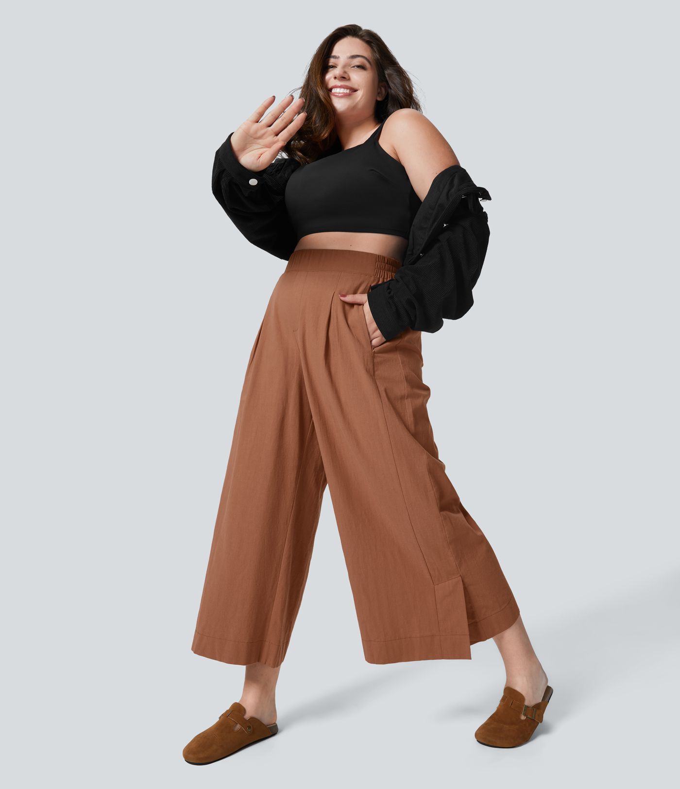 Pantalones tiro alto plisado múltiple bolsillo dobladillo dividido pierna ancha palazzo capri talla grande tacto lino