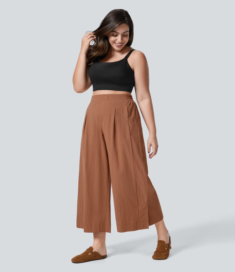 Pantalones tiro alto plisado múltiple bolsillo dobladillo dividido pierna ancha palazzo capri talla grande tacto lino