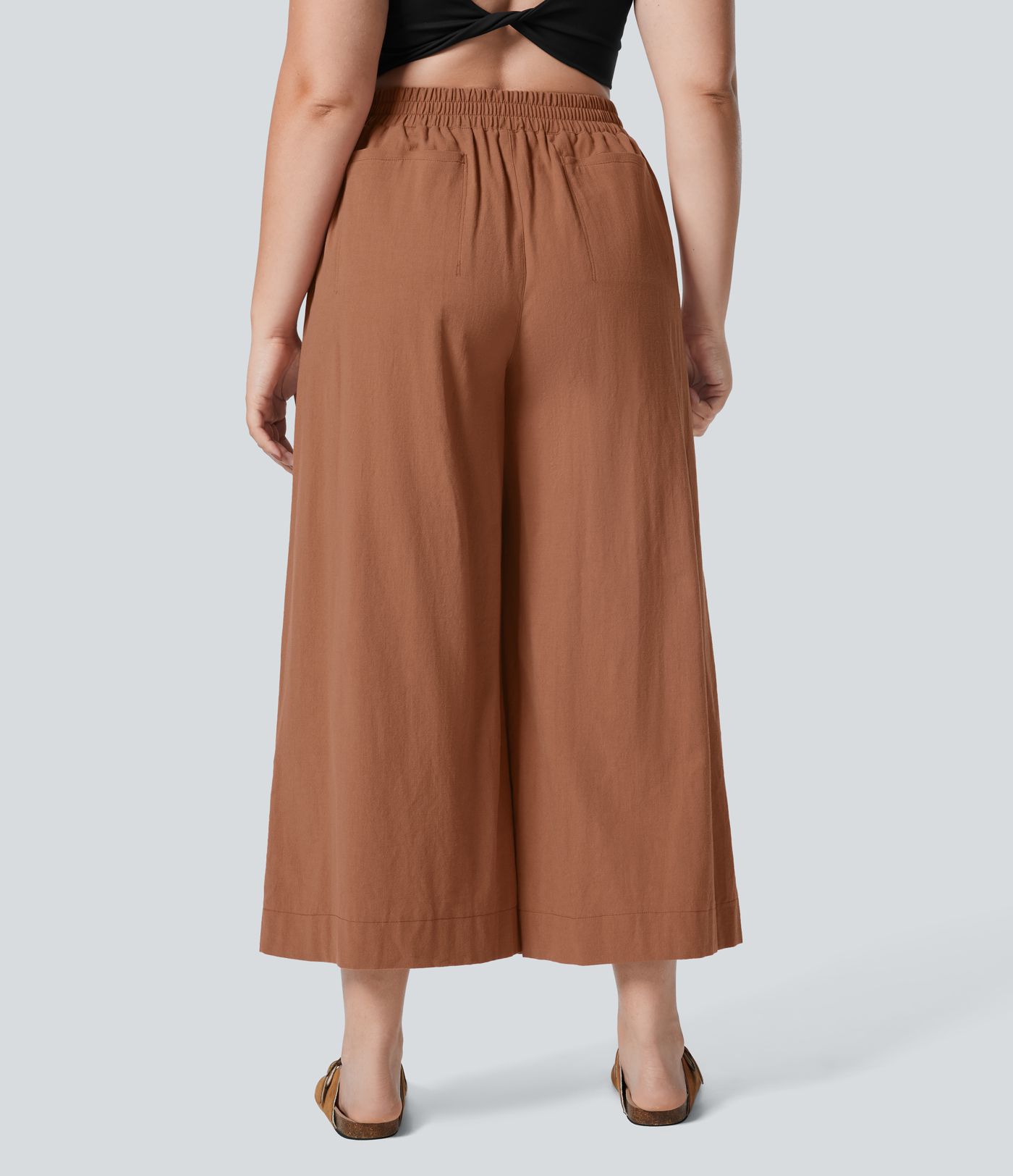 Pantalones tiro alto plisado múltiple bolsillo dobladillo dividido pierna ancha palazzo capri talla grande tacto lino