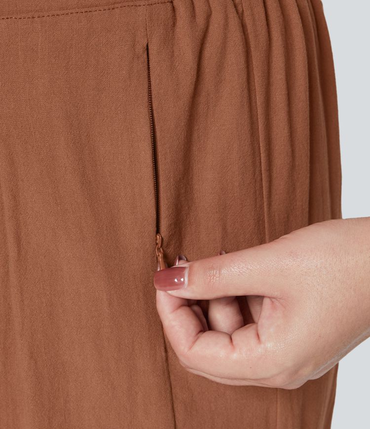 Pantalones tiro alto plisado múltiple bolsillo dobladillo dividido pierna ancha palazzo capri talla grande tacto lino