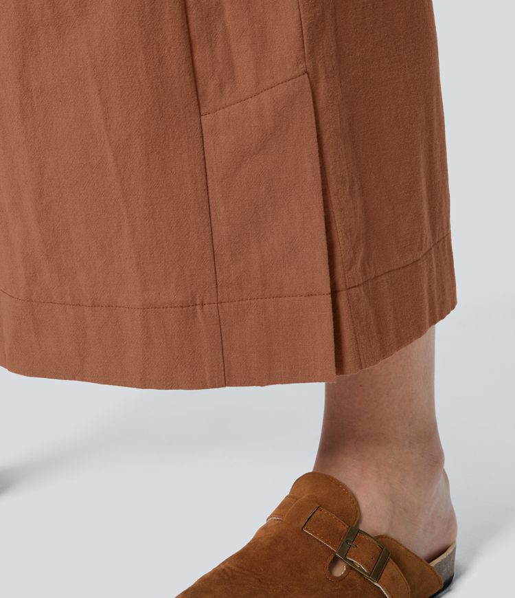 Pantalones tiro alto plisado múltiple bolsillo dobladillo dividido pierna ancha palazzo capri talla grande tacto lino