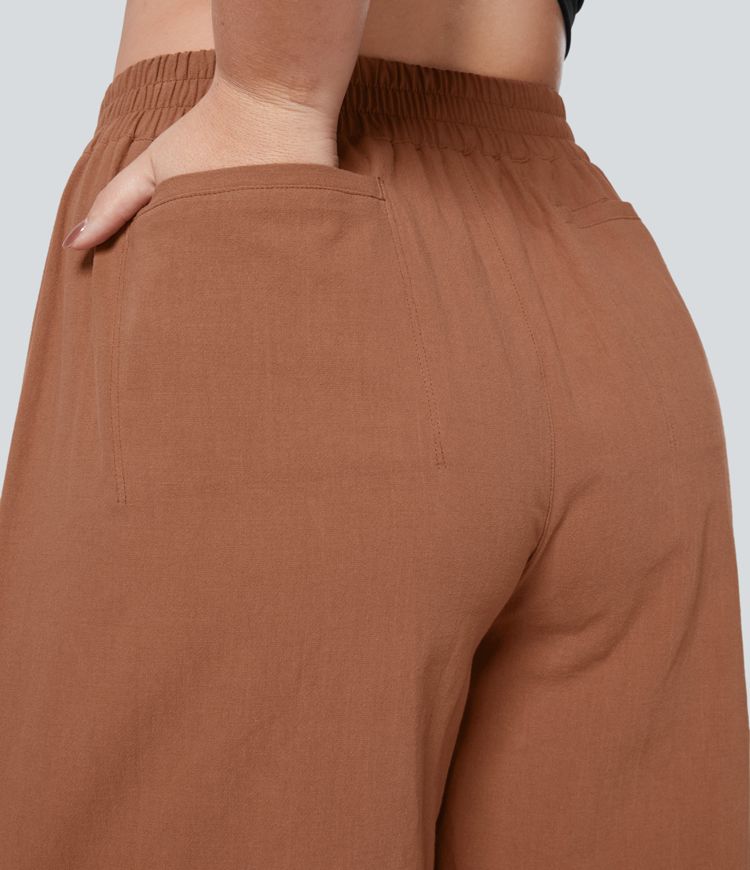 Pantalones tiro alto plisado múltiple bolsillo dobladillo dividido pierna ancha palazzo capri talla grande tacto lino