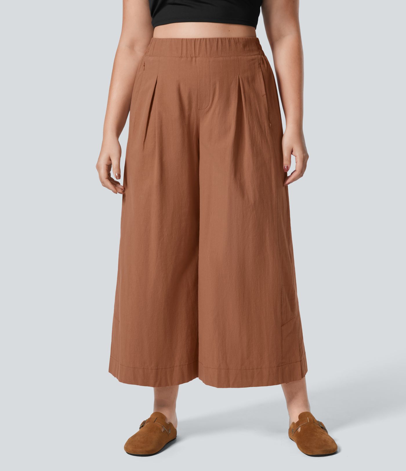 Pantalones tiro alto plisado múltiple bolsillo dobladillo dividido pierna ancha palazzo capri talla grande tacto lino