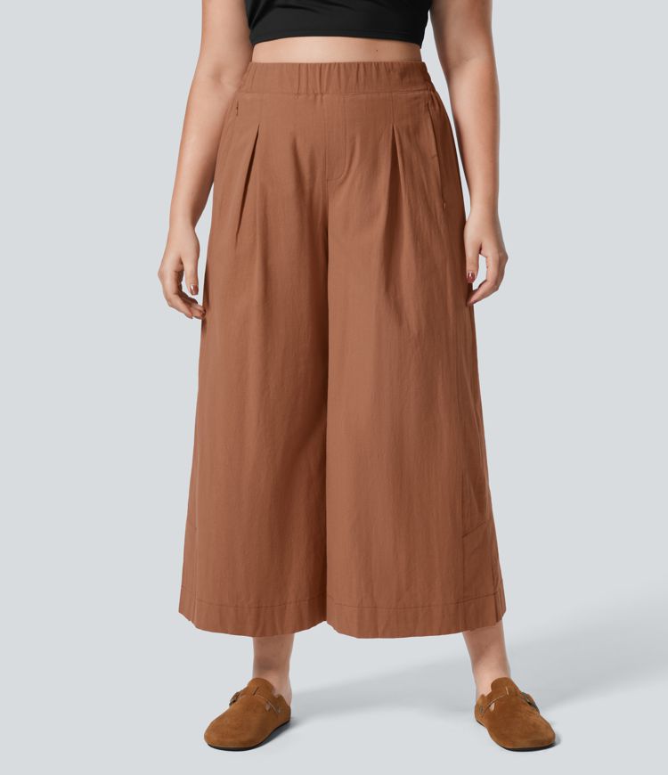 Pantalones tiro alto plisado múltiple bolsillo dobladillo dividido pierna ancha palazzo capri talla grande tacto lino