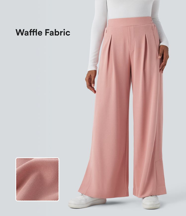 High Waisted Zipper Side Pocket Split Hem Wide Leg Waffle Casual Pants