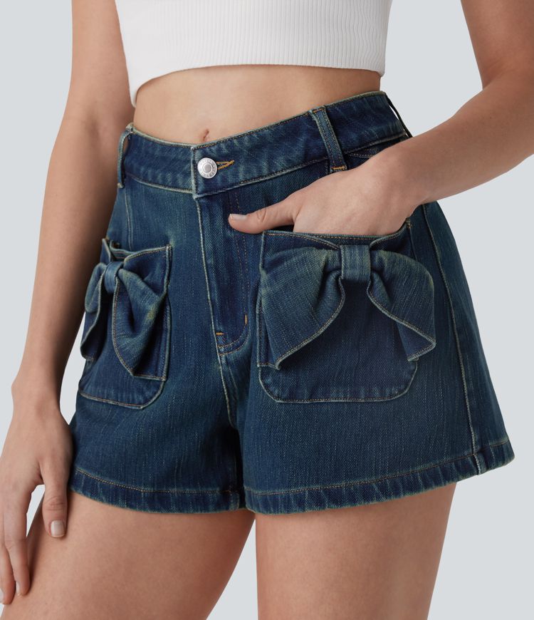 Pantalones cortos casuales de mezclilla lavada con cremallera Halara Flex™ de tiro medio 3'' con bolsillo lateral delantero con lazo