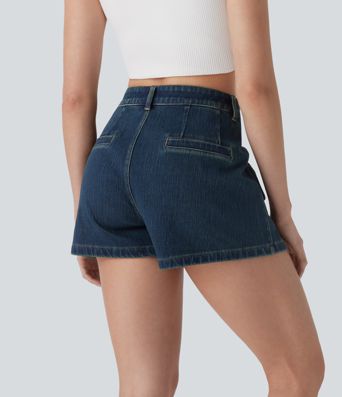 Pantalones cortos casuales de mezclilla lavada con cremallera Halara Flex™ de tiro medio 3'' con bolsillo lateral delantero con lazo