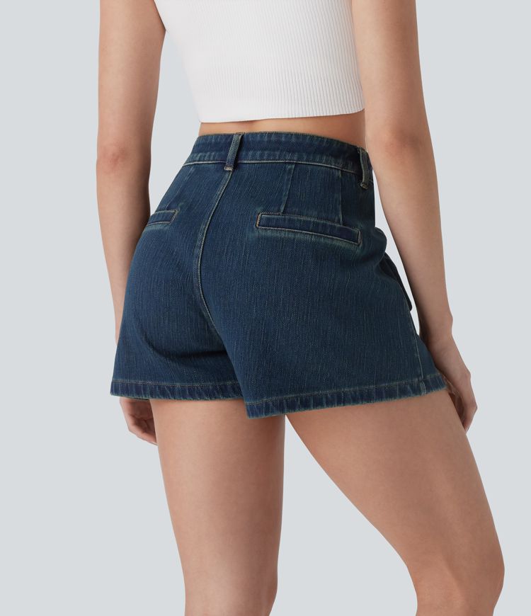 Pantalones cortos casuales de mezclilla lavada con cremallera Halara Flex™ de tiro medio 3'' con bolsillo lateral delantero con lazo