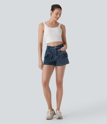 Pantalones cortos casuales de mezclilla lavada con cremallera Halara Flex™ de tiro medio 3'' con bolsillo lateral delantero con lazo