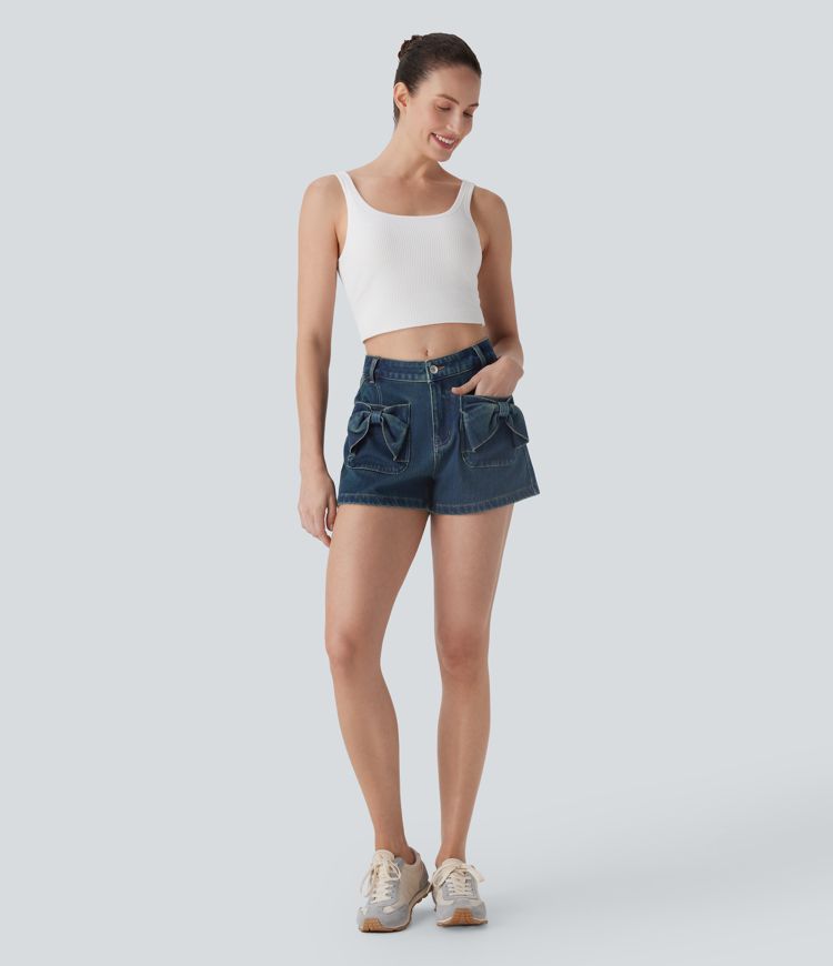 Pantalones cortos casuales de mezclilla lavada con cremallera Halara Flex™ de tiro medio 3'' con bolsillo lateral delantero con lazo