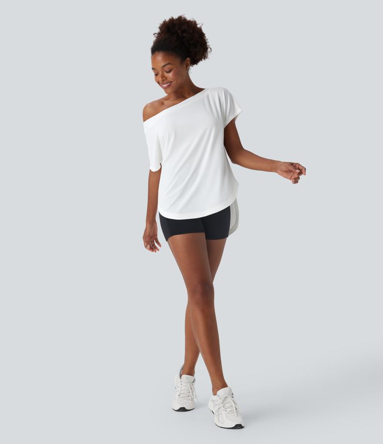One Shoulder Short Sleeve Curved Hem High Low Quick Dry Yoga Sports Top