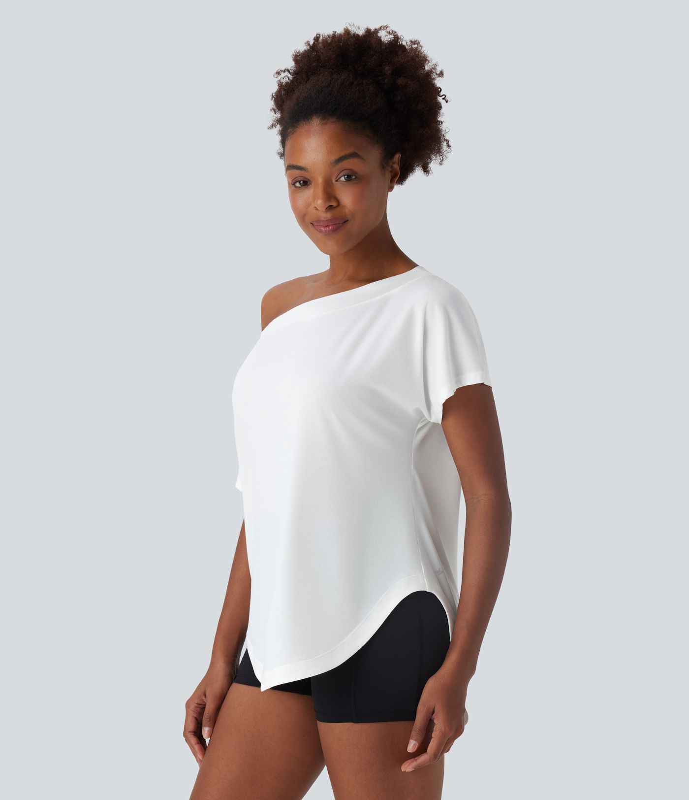 One Shoulder Short Sleeve Curved Hem High Low Quick Dry Yoga Sports Top