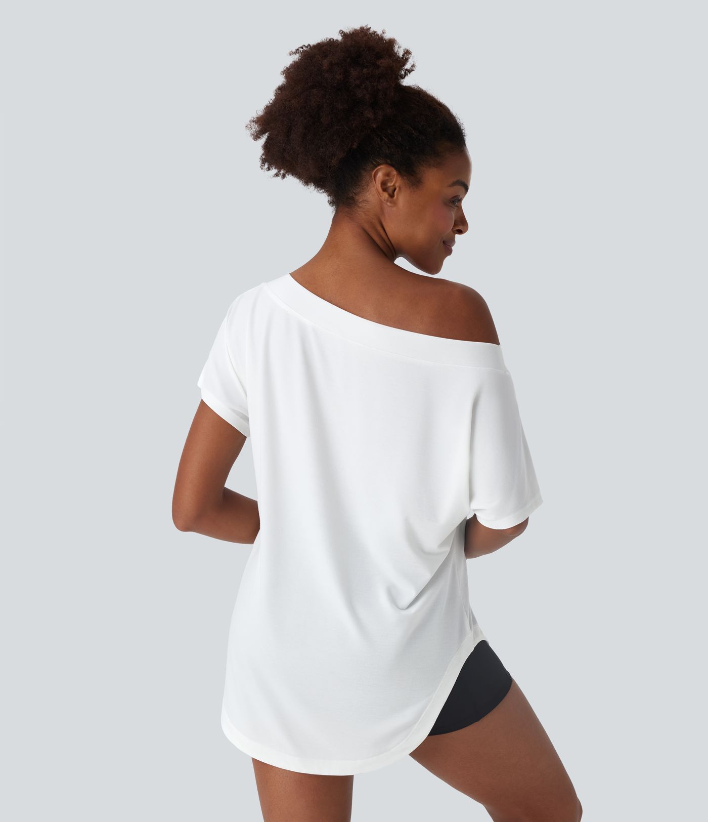 One Shoulder Short Sleeve Curved Hem High Low Quick Dry Yoga Sports Top