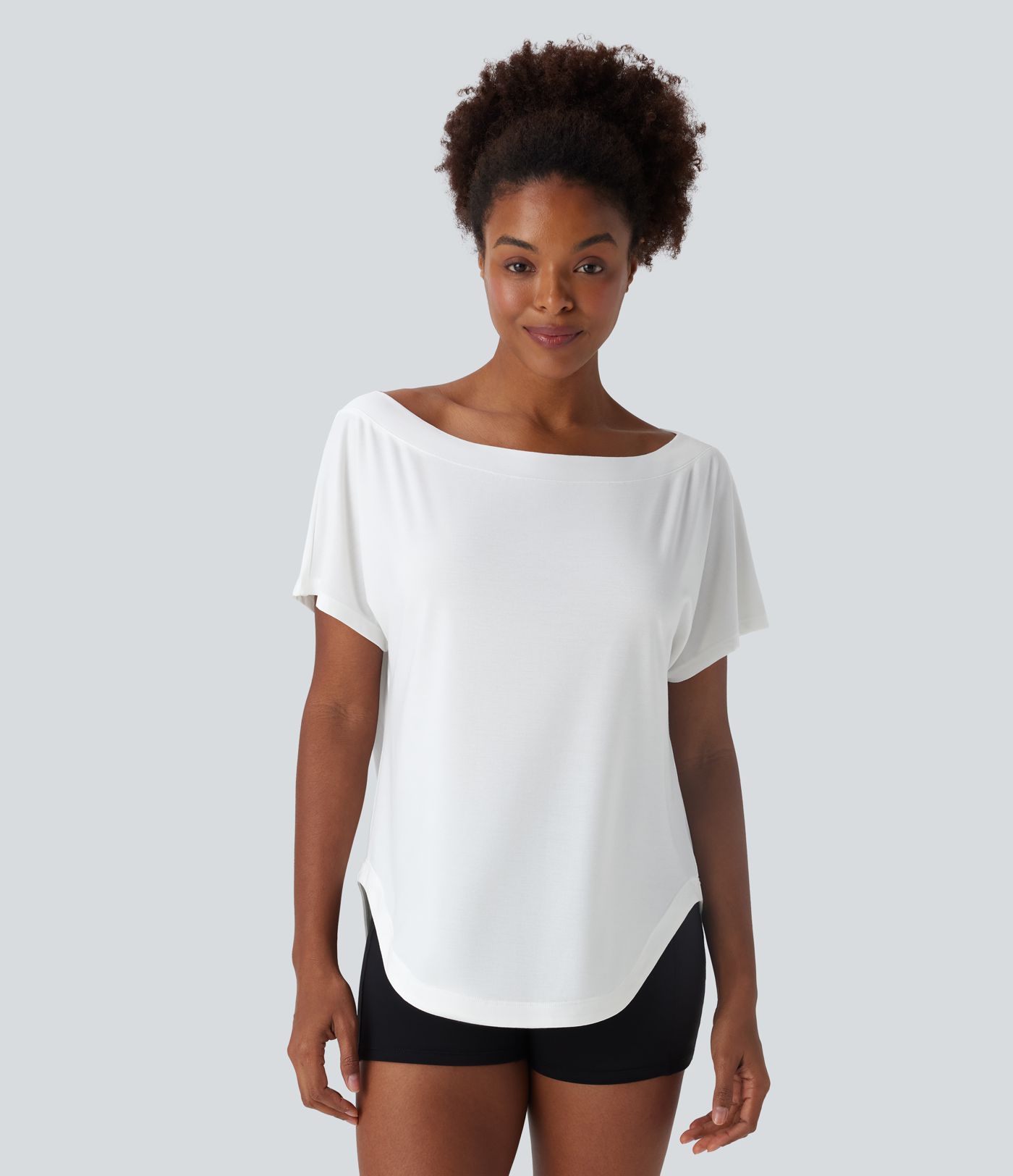 One Shoulder Short Sleeve Curved Hem High Low Quick Dry Yoga Sports Top