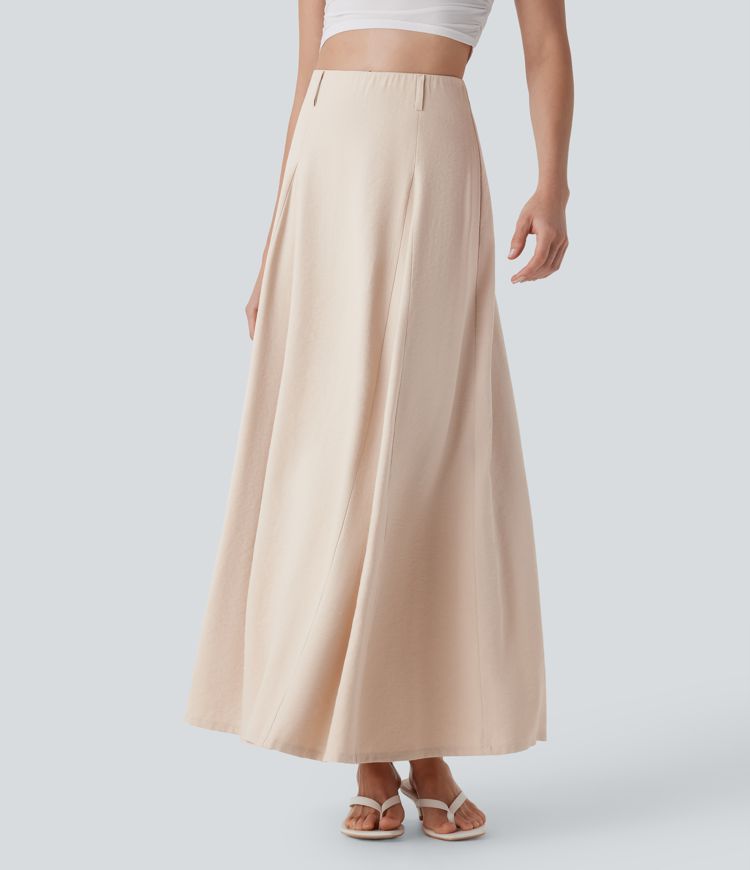 High Waisted Invisible Zipper Maxi Casual Linen-Feel Flare Skirt