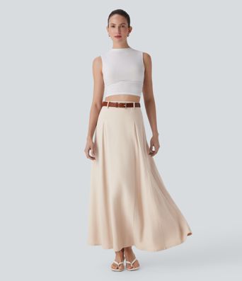 High Waisted Maxi Casual Linen-Feel Flare Skirt