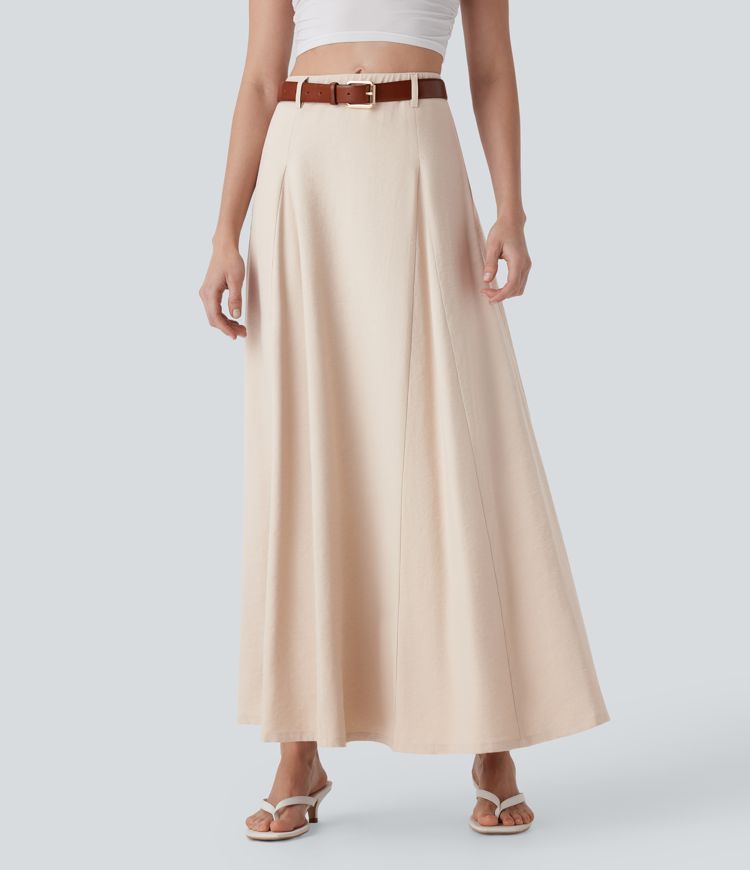 High Waisted Invisible Zipper Maxi Casual Linen-Feel Flare Skirt
