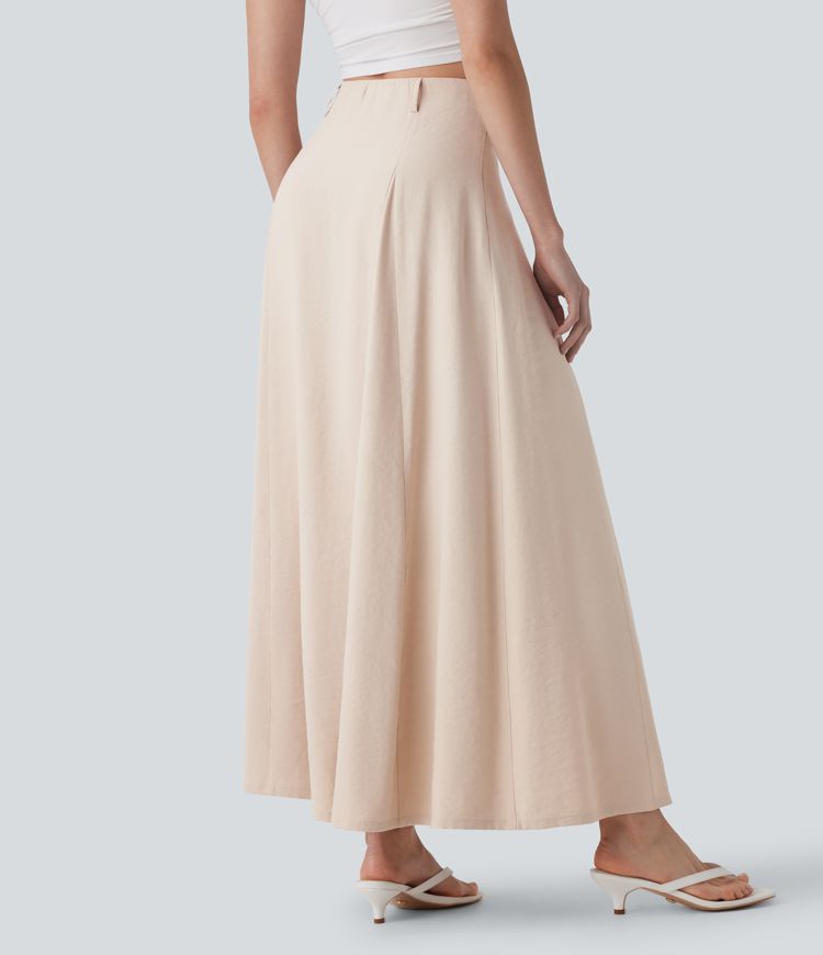 High Waisted Invisible Zipper Maxi Casual Linen-Feel Flare Skirt