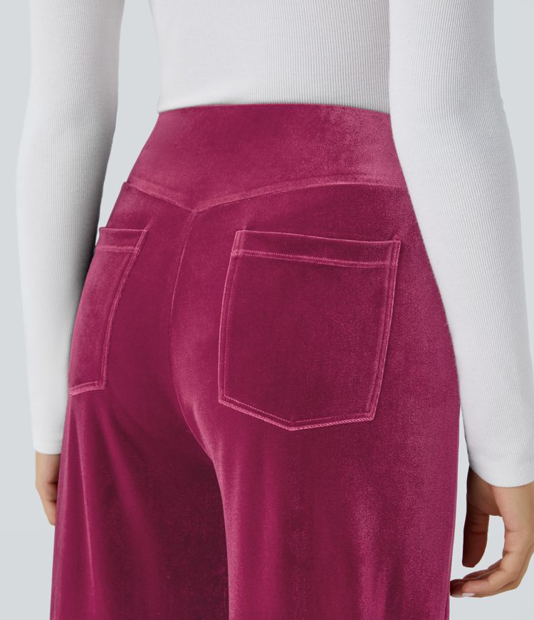High Waisted Pocket Wide Leg Velvet Casual Pants