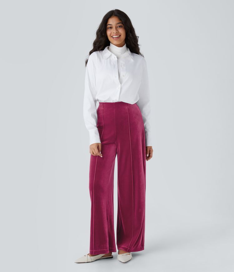 High Waisted Pocket Wide Leg Velvet Casual Pants