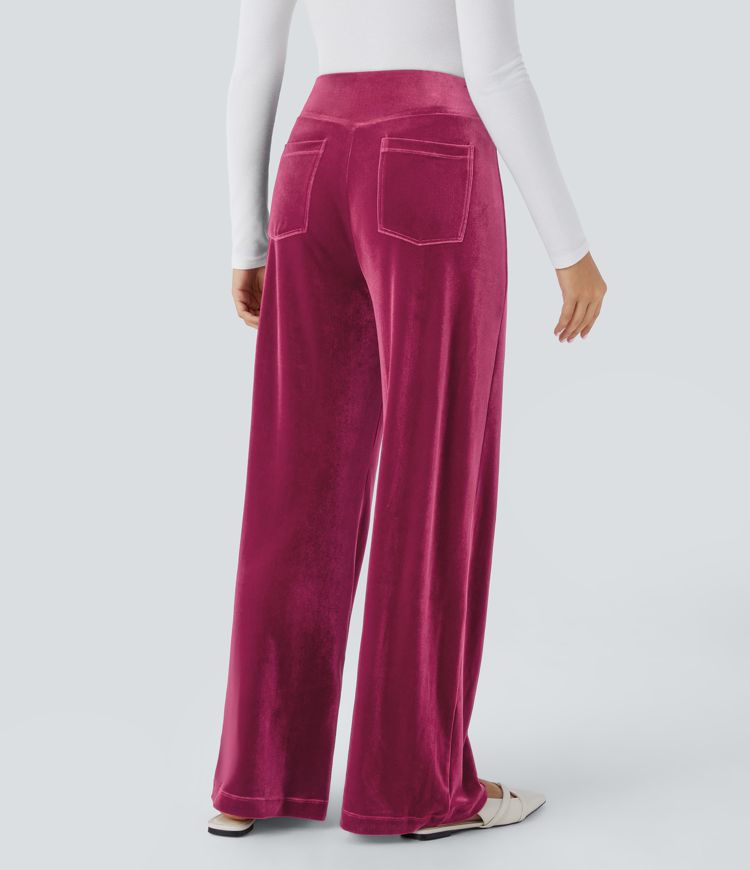 High Waisted Pocket Wide Leg Velvet Casual Pants