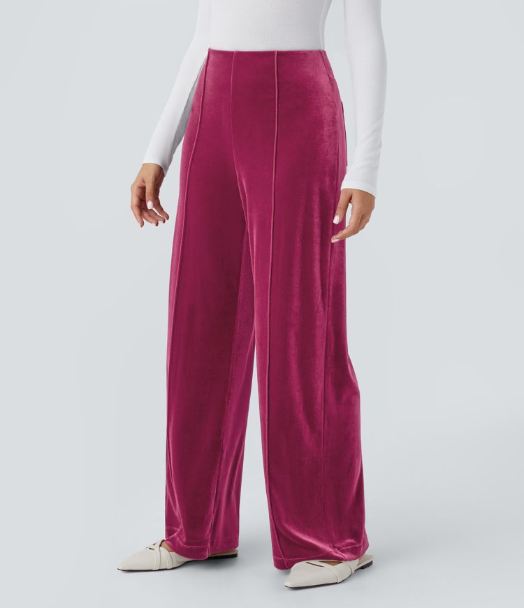 High Waisted Pocket Wide Leg Velvet Casual Pants