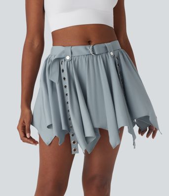Mid Rise Belted Hanky Hem 2-in-1 Mini Casual Skirt with Pockets