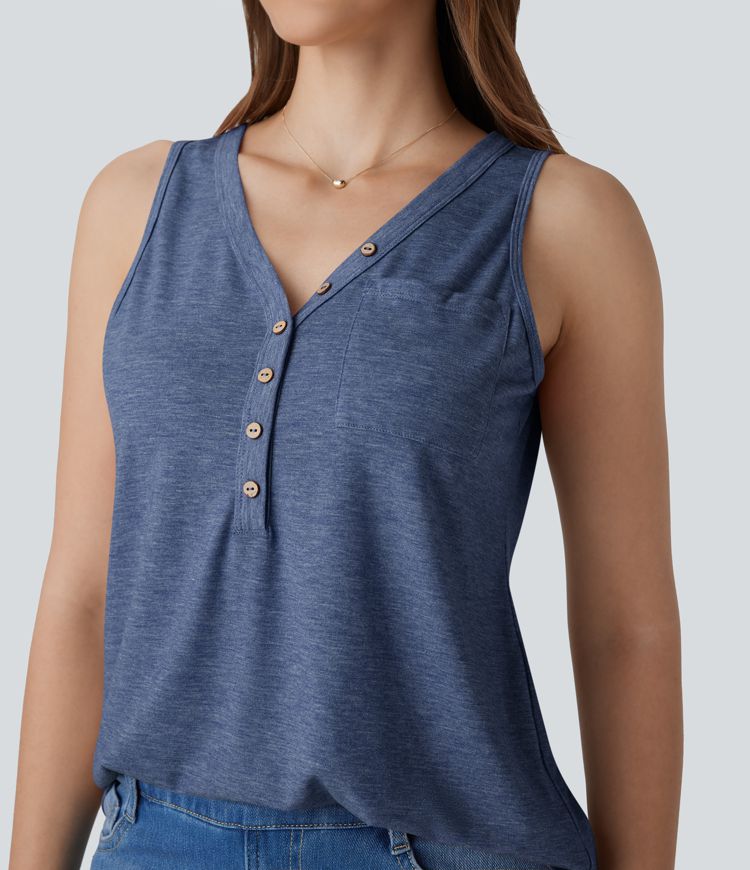 Top décontracté sans manches à col en V avec détails décoratifs