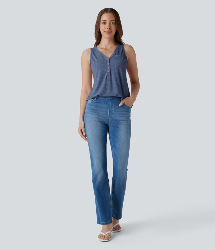 Top décontracté sans manches à col en V avec détails décoratifs