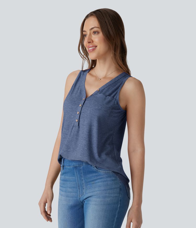 V Neck Sleeveless Decorative Button Casual Top