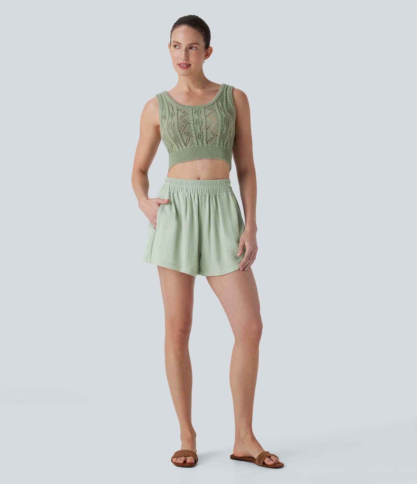 Shorts de lino de tiro medio con bolsillos laterales