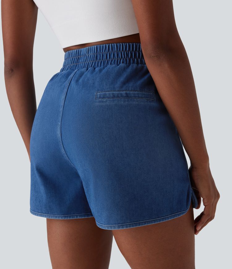 Halara Flex™ Freizeit-Shorts aus dehnbarem Strick-Denim mit hoher Taille, geteiltem, abgerundetem Saum und Cool Touch-Waschung mit Taschen